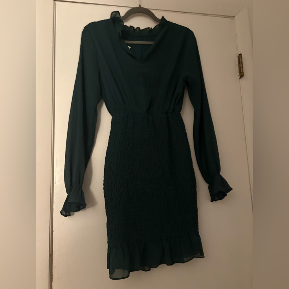 By She & Shy Green Smocked Ruffle Mock Neck Long Sleeve Mini Dress – NWT Small - Picture 5 of 7